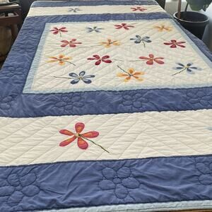 Handmade Floral Applique Quilt Colorful Fabric Flowers Blue Striped Cotton